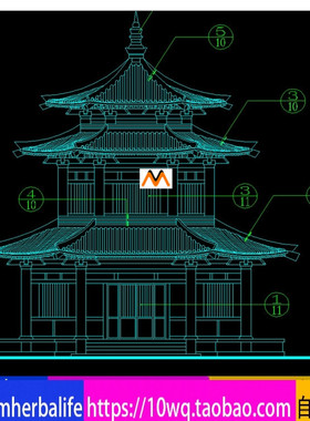 L1335仿唐古建筑紫云阁三层三重檐楼阁楼式六角形攒尖顶CAD图纸