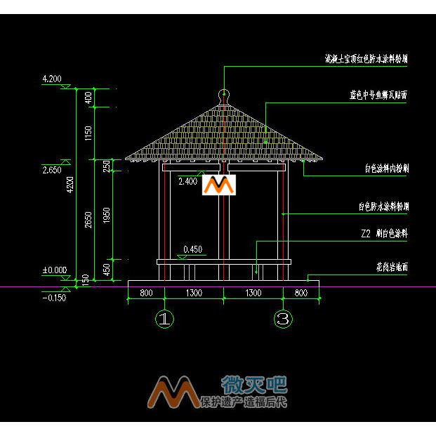 h193仿古钢混结构中欧式圆形亭子六柱圆亭景观休息亭cad施工图纸