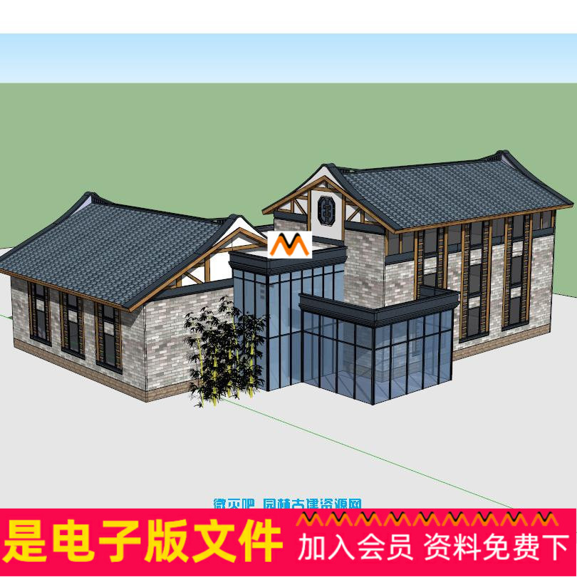 L416现代中式休闲娱乐会所SU建筑模型中式景门装饰门3D竹子S