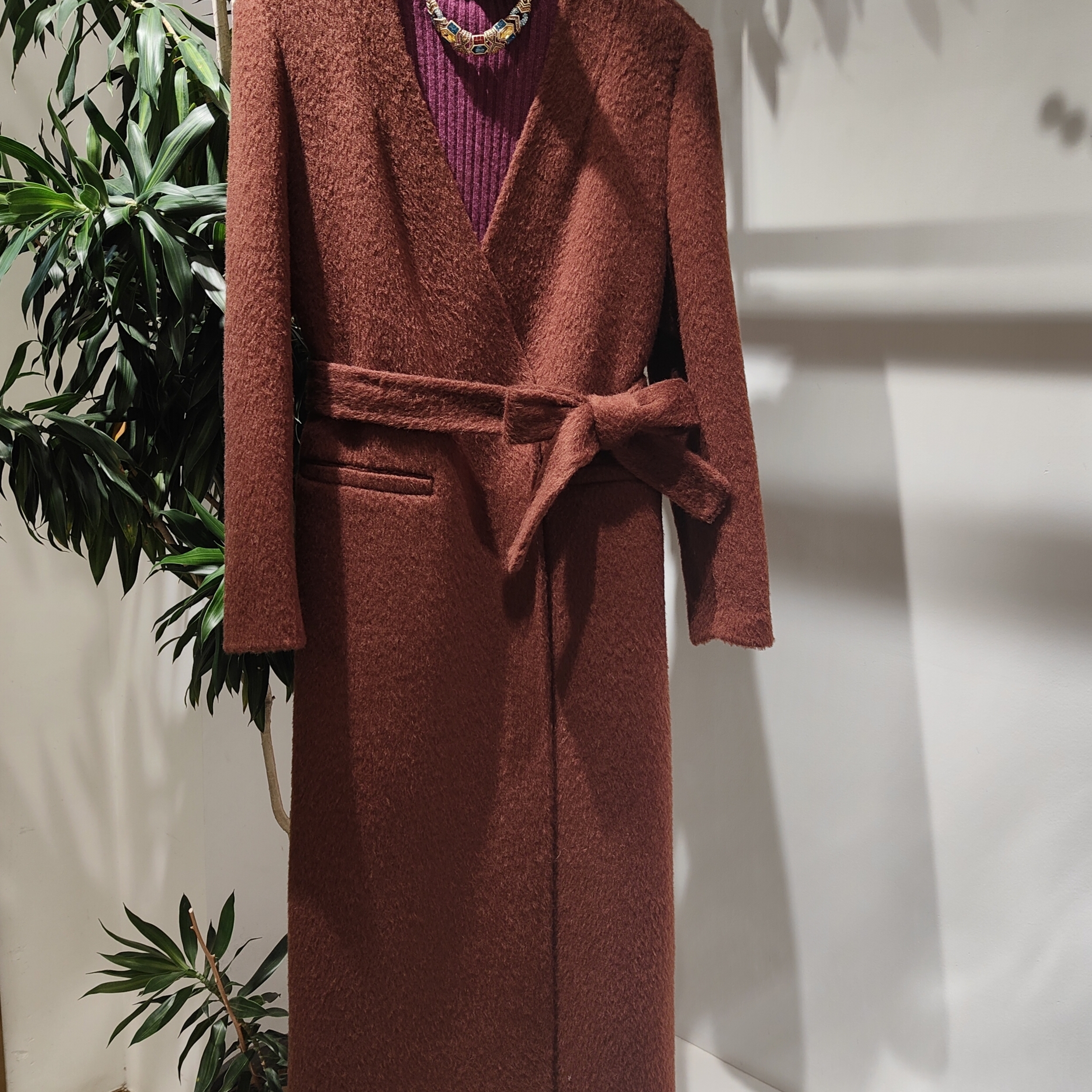 冬新双面羊毛砖红长款腰带大衣