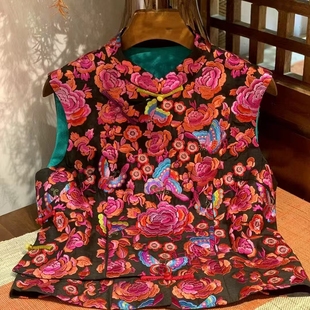 马甲复古绿色民族风 2025国风新中式 刺绣短款 薄款 桑蚕丝刺绣无袖