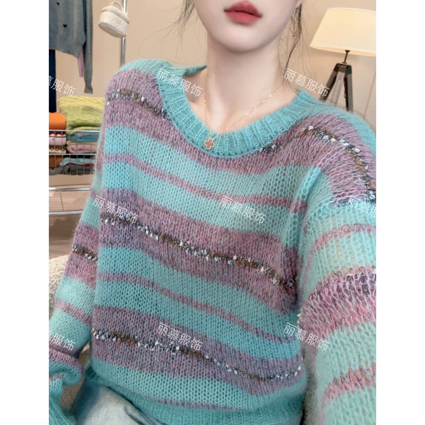 【薄荷冰蓝】慵懒风马海彩色条纹宽松时尚气质针织套头衫女装1871
