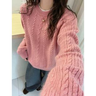 欧货软糯保暖麻花圆领针织套头衫 新款 冬季 毛衣2519 红粉佳人