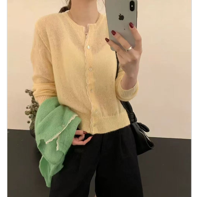 【鹅黄小开衫】蕾丝拼接V领春季薄款气质韩版针织开衫2789