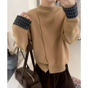 高级感针织开衫 拼接格子袖 鱼骨侧排扣 外套2672 格子袖