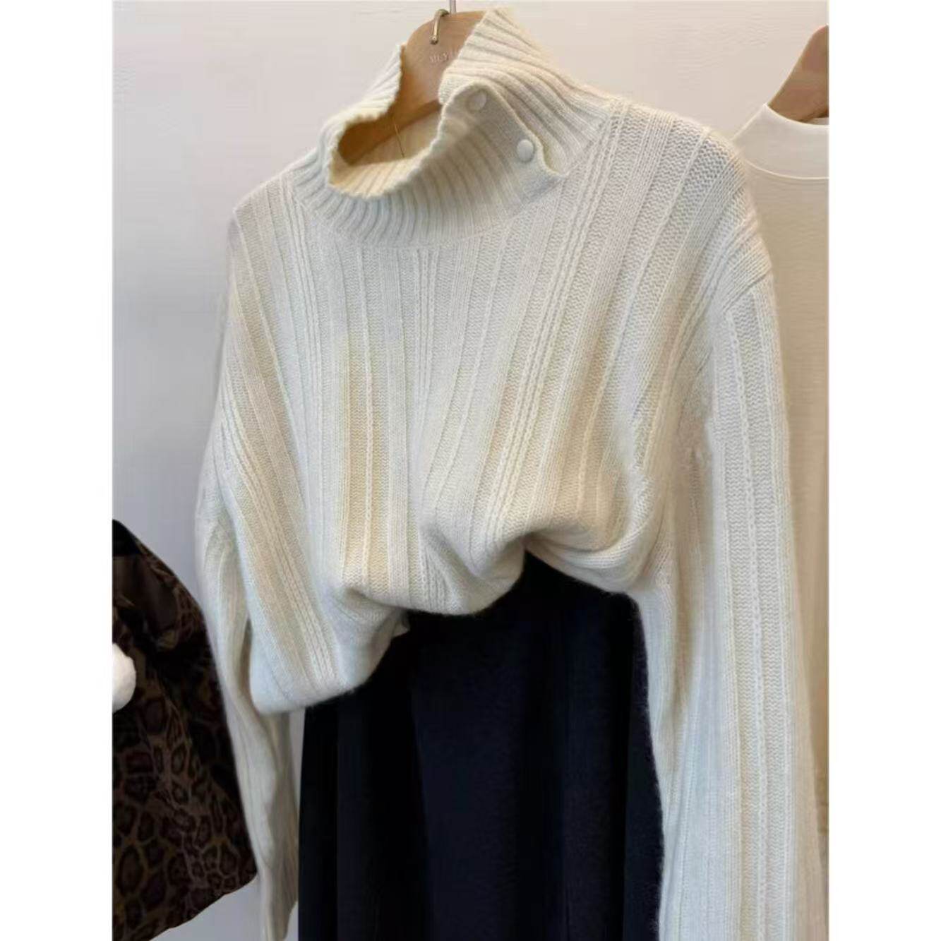 【泸州月】高领两粒扣竖条纹理套头纯色韩版慵懒针织毛衣2587,女装/女士精品,毛衣,淘宝优惠券,粉丝福利购,淘宝优惠卷