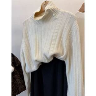 【泸州月】高领两粒扣竖条纹理套头纯色韩版慵懒针织毛衣2587