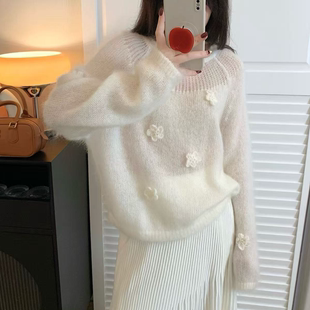 【绒绒花语】马海毛纯色镂空花朵圆领薄款针织衫甜美上衣2733