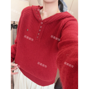 贴标宽松上衣2618 双层帽沿软糯针织纽扣毛衣连帽衫 小红帽