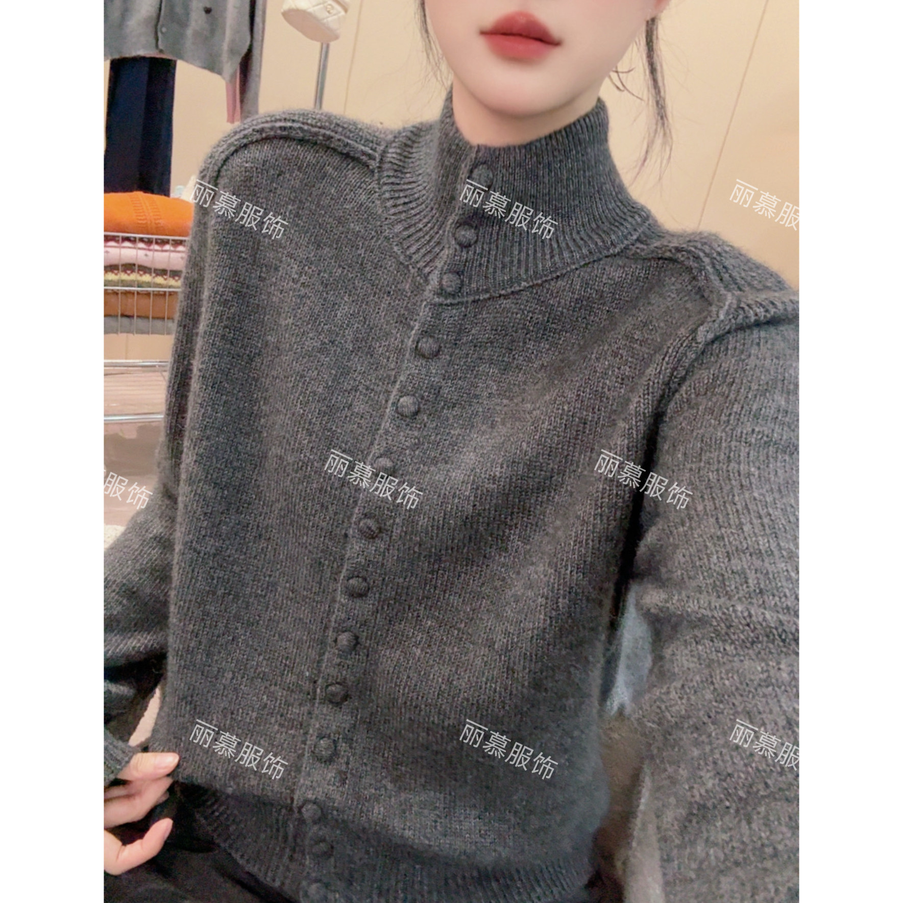 【深灰·云间衫】韩版半高领纯色包扣马鞍肩针织毛衣开衫2238,女装/女士精品,短外套,淘宝优惠券,粉丝福利购,淘宝优惠卷