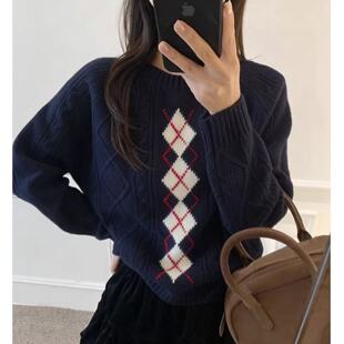 【苏格兰】韩版复古菱格绞花毛衣 百搭通勤气质针织衫2656
