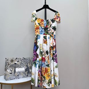 25夏季 吊帶一字肩晚禮服花卉印花收腰連衣裙 外貿(mào)原單高端女裝 新款