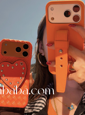 高级感橙色编织腕带支架适用iPhone17promax手机壳苹果16pro保护套女款15pm新款13/14包边皮质欧美气质防摔潮