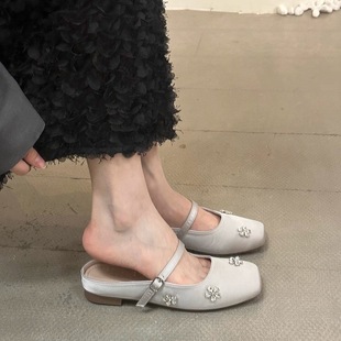 绝美半托玛丽珍单鞋 法式 女 女夏外穿2025年新款 水钻花朵包头半拖鞋