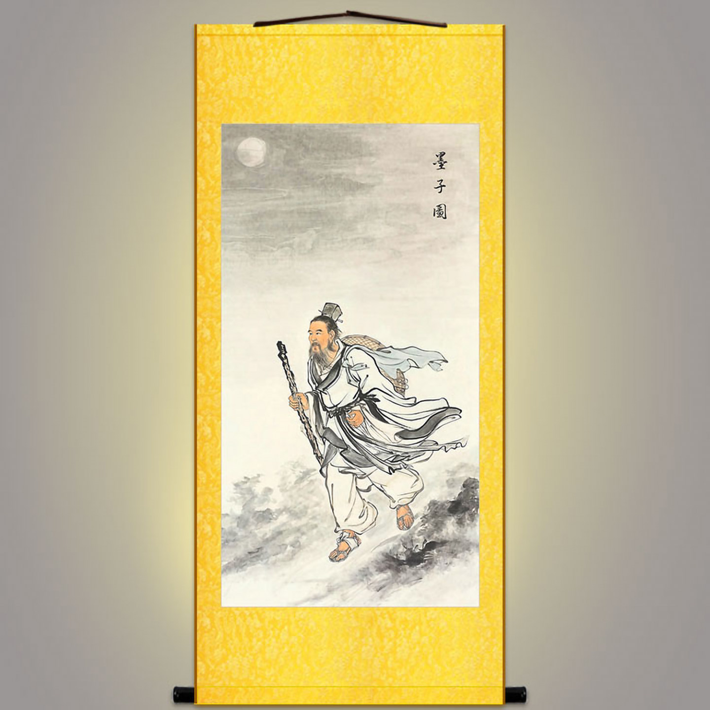 墨子行走图 古代圣贤人物画像 绢布卷轴挂画 中式复古客厅装饰画