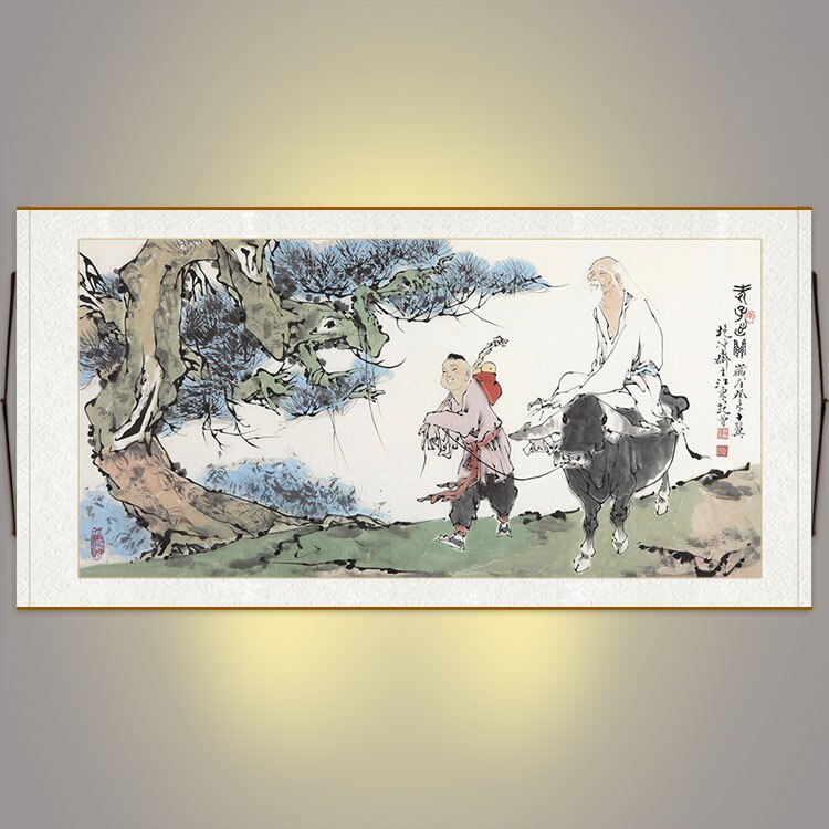 老子出关图横幅挂画 青牛骑牛动物人物画 客厅装饰画横批画丝绸画