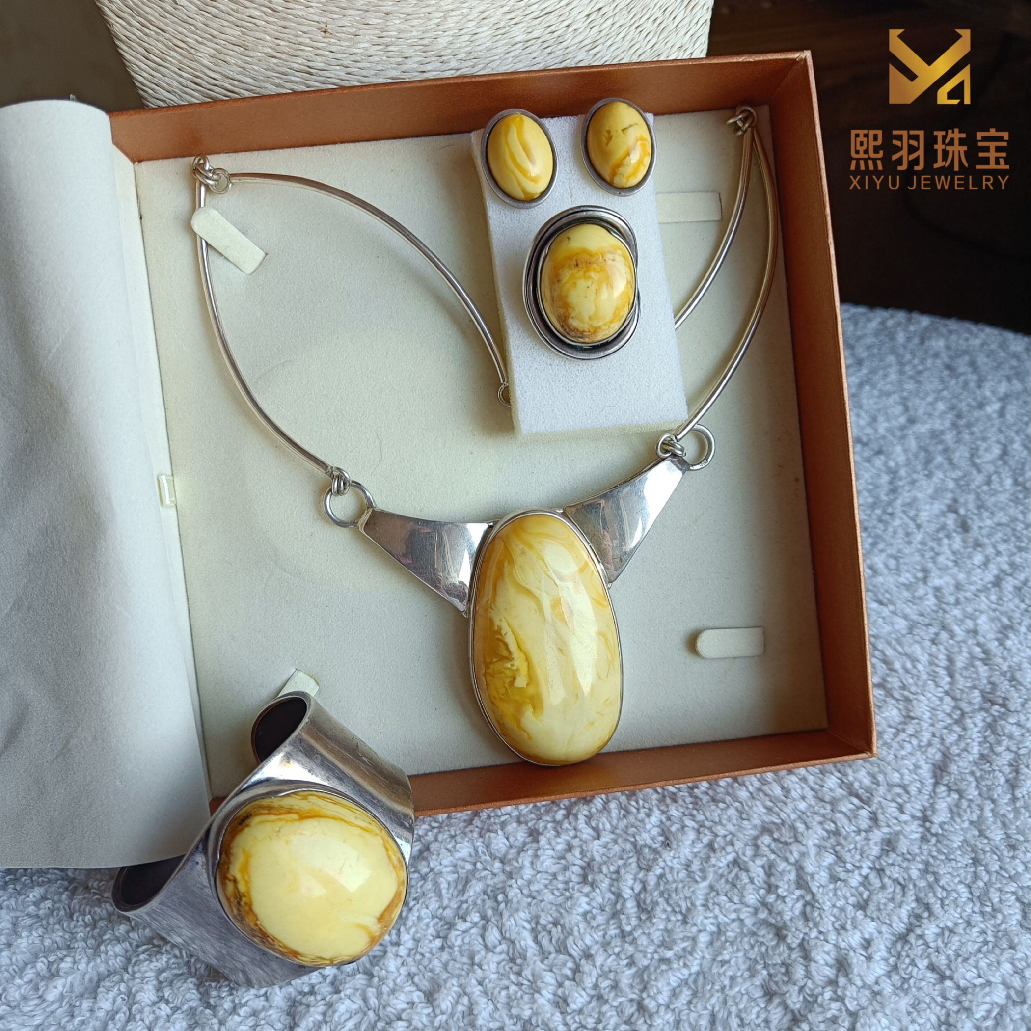 收藏级瑞典古董琥珀蜜蜡项链手镯戒指耳饰手工银镶老白蜜套装保真