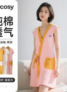 夏季纯棉双层纱家居睡袍女