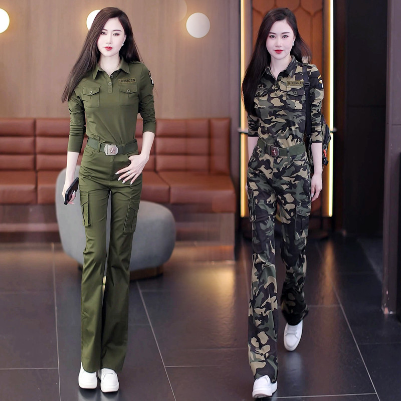 迷彩服套装女长袖衫时尚减龄工装裤夏季户外登山休闲工作服两件套