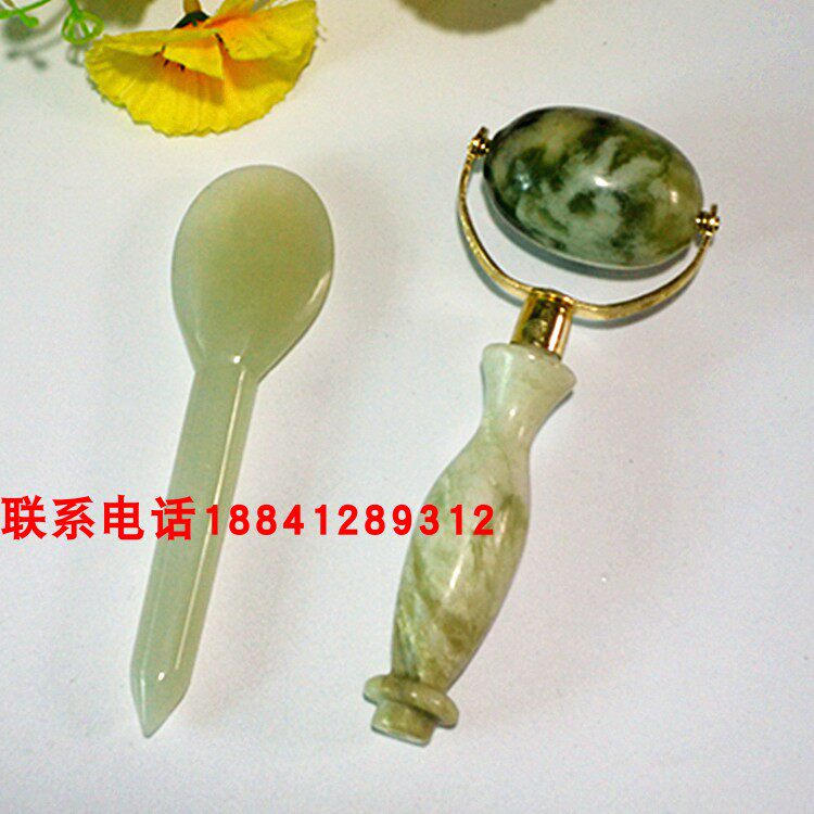 天然玉石滚轮美容器岫玉脸部眼部面部按摩器拨筋棒点穴棒2件套