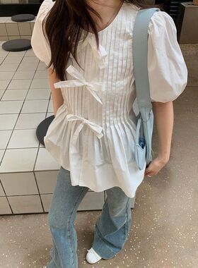 2025新款小众日系衬衫女夏泡泡袖压褶上衣慵懒宽松娃娃减龄衬衣