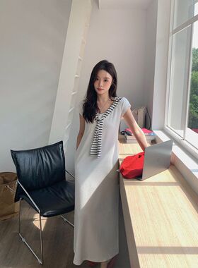 2025时髦懒人条纹披肩假两件连衣裙女夏大U领小飞袖气质简约长裙