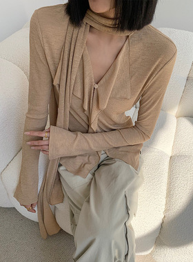 2025夏气质飘带荷叶边衬衫女长袖春夏设计感不对称镂空打底衫上衣