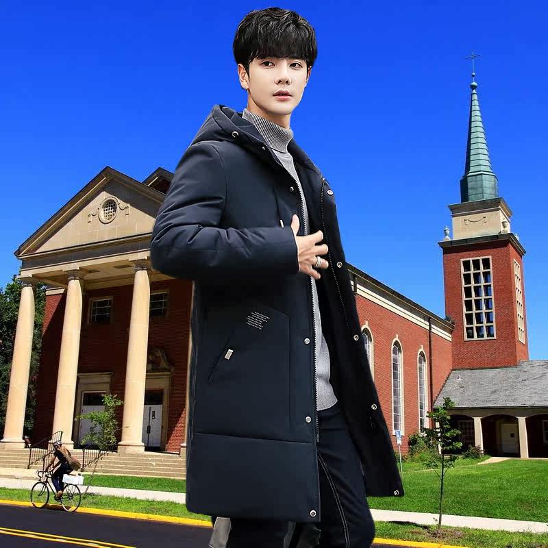 冬季潮牌青少年高中学生羽绒服男中长款白鸭绒外套帅气加厚派克服