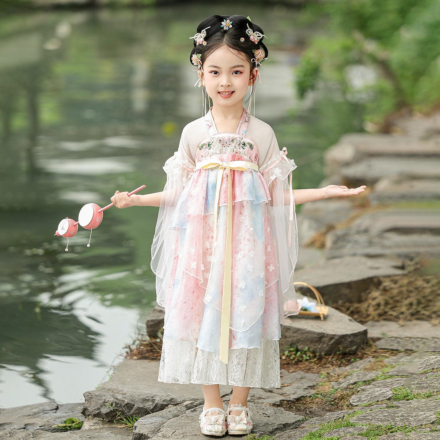 女童蕾丝汉服裙儿童古装连衣裙夏秋仙古风公主裙重工刺绣唐装