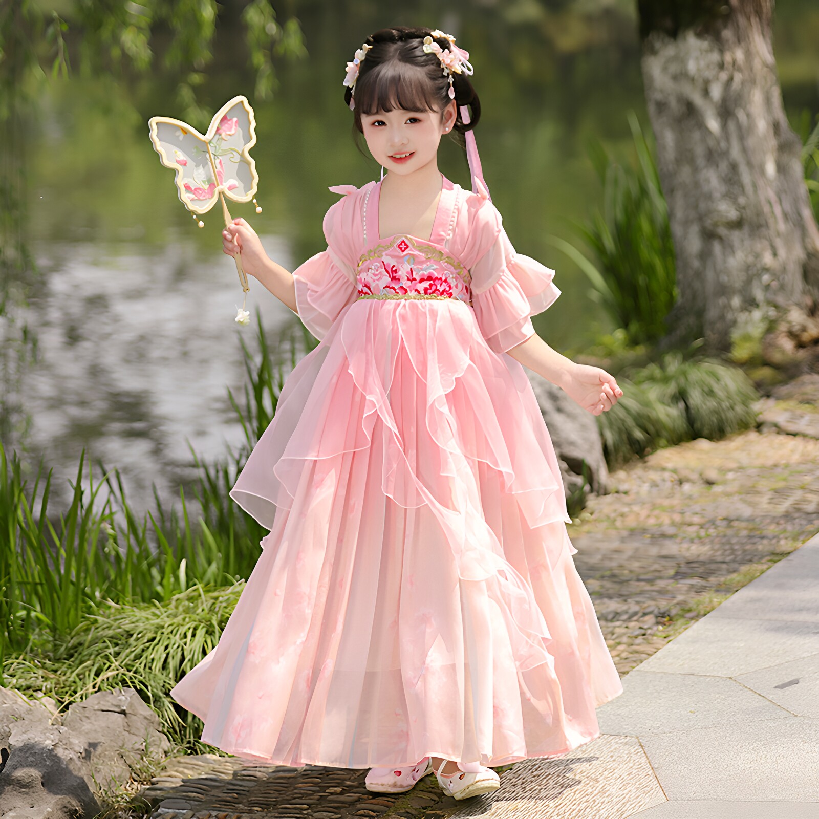 中国风汉服夏秋女童粉色齐胸大摆裙儿童古风仙女风演出服仙气公主