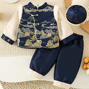 2026春秋冬新款织锦童装男童加绒套装男宝宝中式小少爷唐装三件套