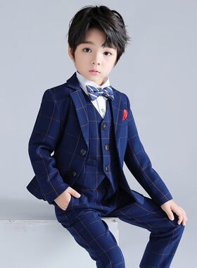 出租男童帅气格子条纹西服套装