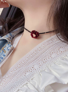 choker性感红色花朵纯银锁骨链