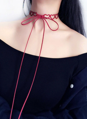 无扣设计红色爱心桃心系带choker