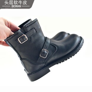 儿童头层牛皮短靴女童马丁靴中筒靴真皮靴黑色男童骑士靴加绒棉靴