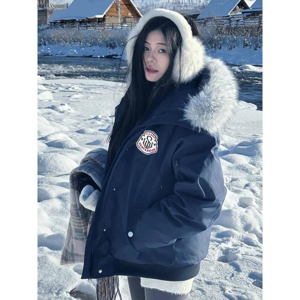 美式连帽毛领派克服棉服女冬季加厚保暖覆古短款工装棉衣棉袄外套