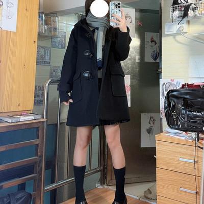 JK校供感牛角扣大衣女秋冬日系厚黑美学院风小个子夹棉外套加厚款
