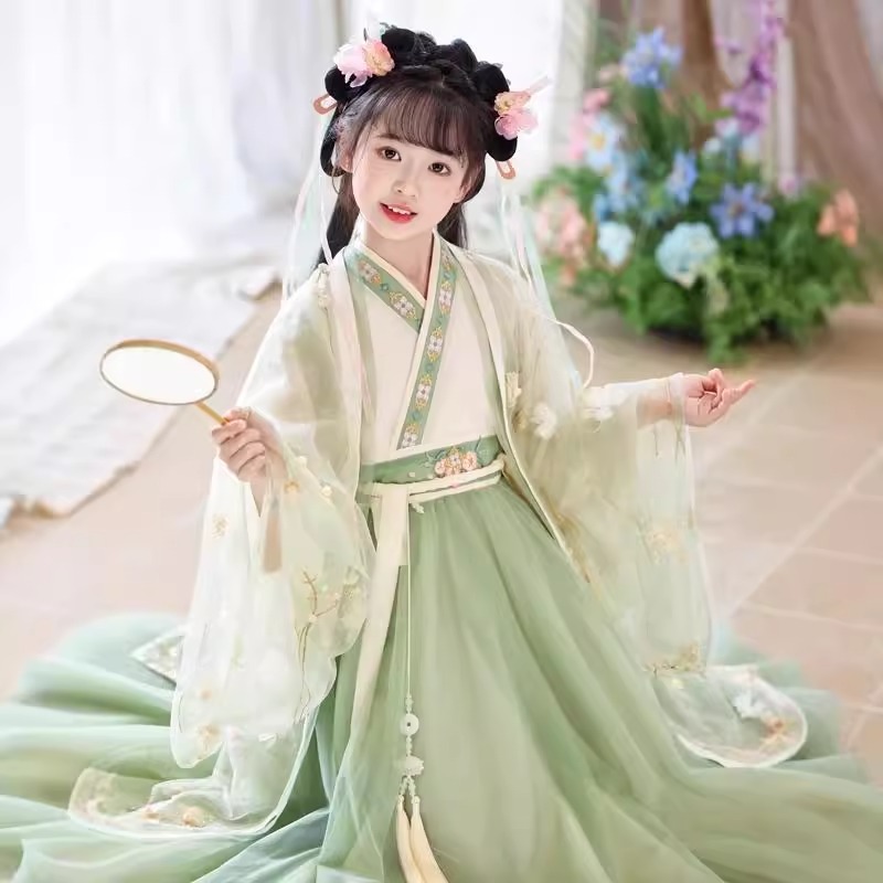 女童汉服2025新款春夏季超仙绿色古风交领大袖衫襦裙中国风