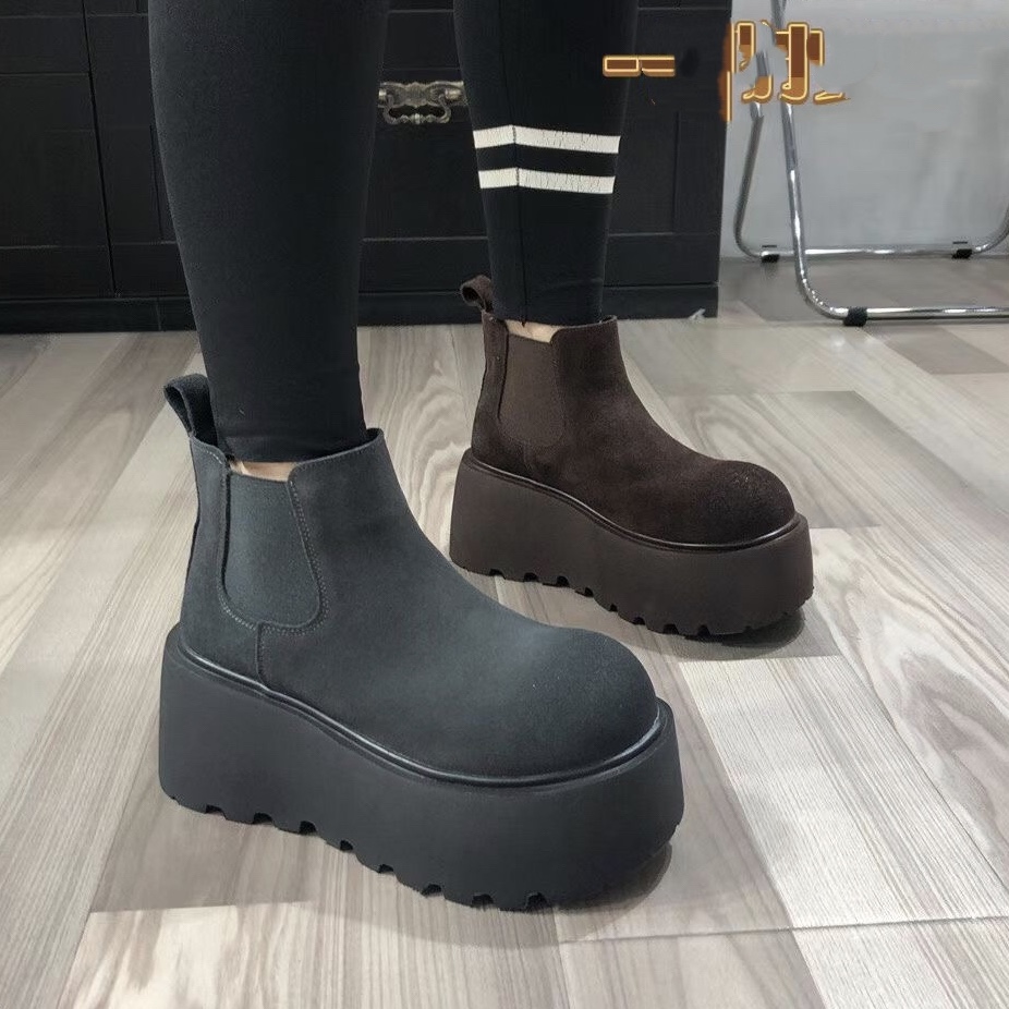 磨砂牛皮擦色圆头厚底切尔西短靴女2025新款英伦风百搭松糕马丁靴