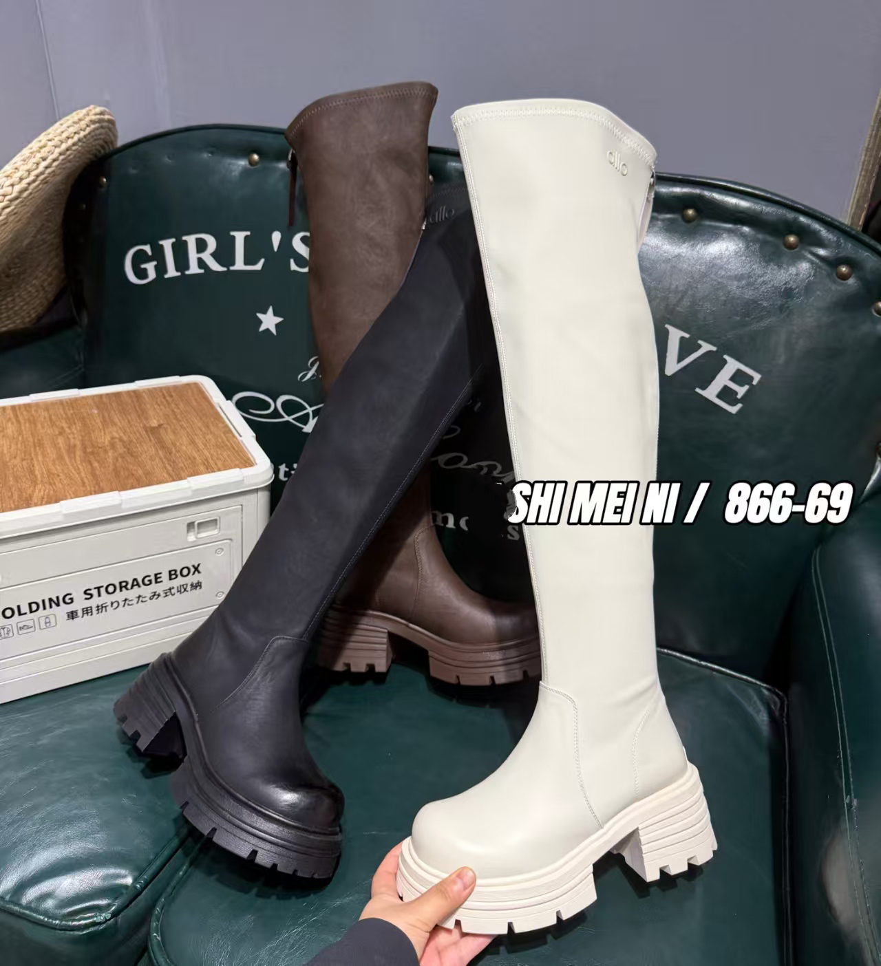 加绒厚底过膝长靴女靴冬季新款弹力靴白色粗跟堆堆靴显瘦长筒靴子