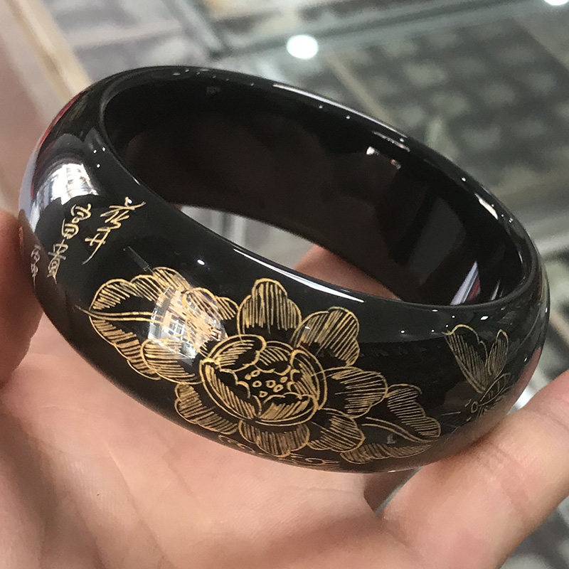 天然新疆和田玉花开富贵手镯黑青玉墨玉旺夫玉手镯加宽玉镯子手环图片