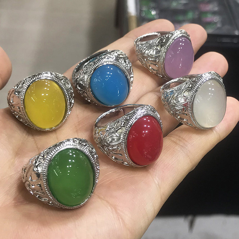 天然冰种绿玉髓戒指黄玛瑙蛋面镶嵌戒子水晶玉石指环活口调节戒圈