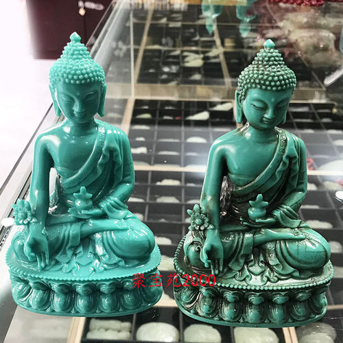 湖北绿松石如来佛祖摆件仿古做旧绿松石阿弥陀佛神像玉石佛像摆饰
