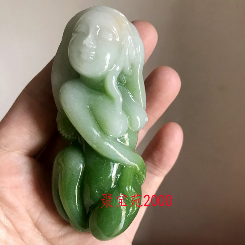 新疆和田玉美人手把翠色文玩