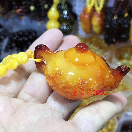 蜜蜡琥珀把把壶麻将手把件老蜜文玩壶黄蜜茶具小摆件血珀蓝珀茶壶