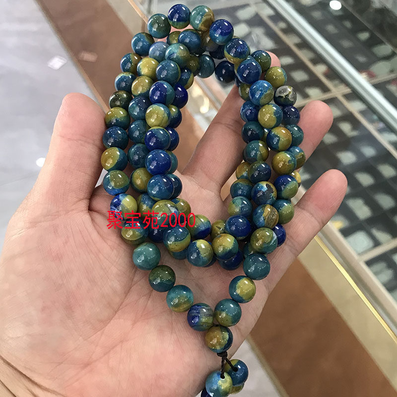 天然蓝黄玉髓108颗多圈手链盘玩玛瑙手串水晶玉石复古色佛珠项链