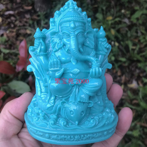 古玩收藏仿绿松石象神摆件家居招财象鼻财神摆件天目象印度石神像