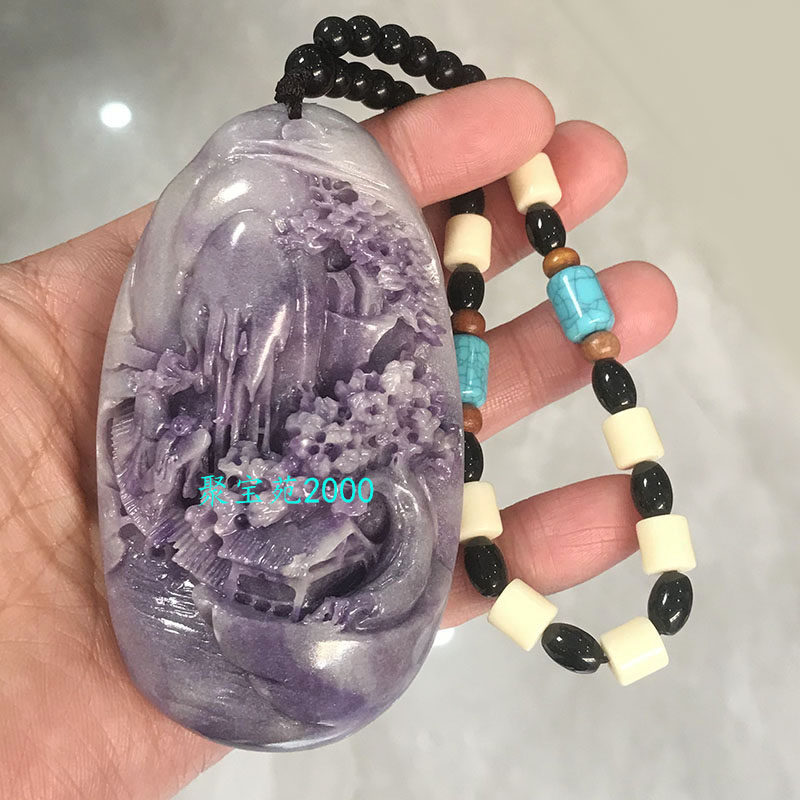 新疆和田玉烟紫色山水手把件仿玉石山水风景意境把玩件玉雕件文玩