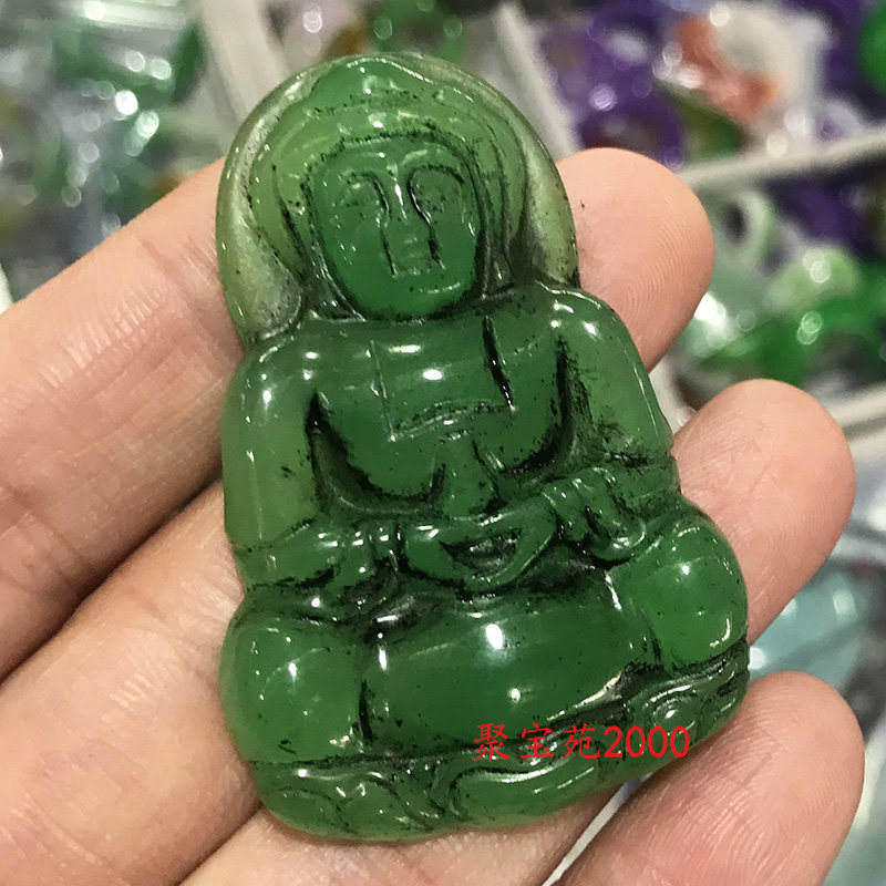 翡翠色平安观音吊坠男女款满绿观音菩萨玉佩做旧仿古玩天然玉观音