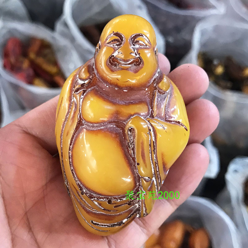 老蜜蜡弥勒佛手把件古玩杂项琥珀蜜蜡招财转运大肚佛盘玩仿古收藏